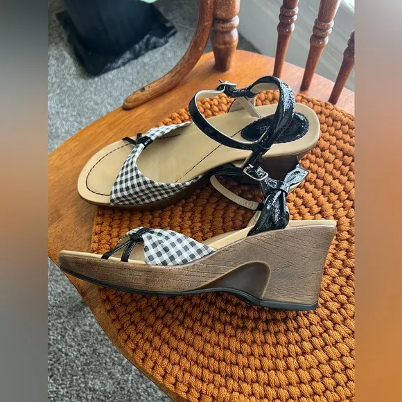DANSKO Open Toe Slingback Black White Gingham Check Patent Strappy Wedge