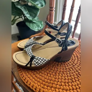 DANSKO Open Toe Slingback Black White Gingham Check Patent Strappy Wedge