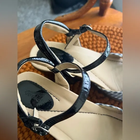 DANSKO Open Toe Slingback Black White Gingham Check Patent Strappy Wedge