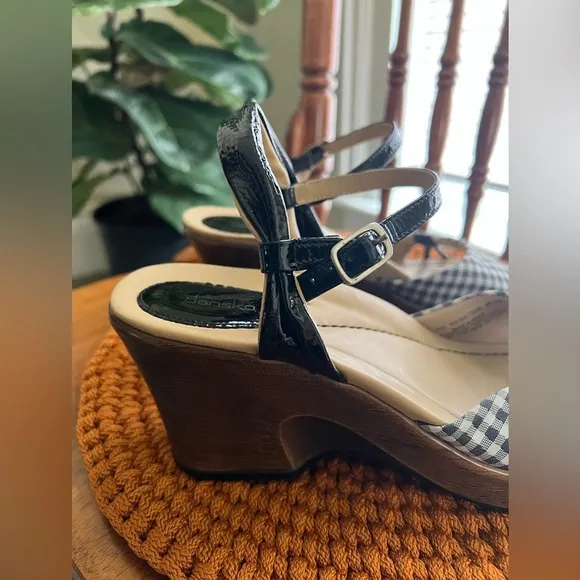 DANSKO Open Toe Slingback Black White Gingham Check Patent Strappy Wedge