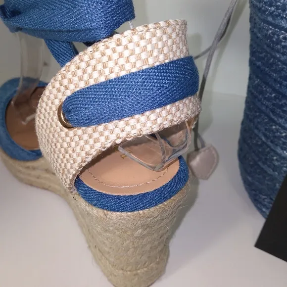 Denim Blue Size 8 Tie Up Espadrille Wedges &amp; Mini Denim Tote Bag Bundle