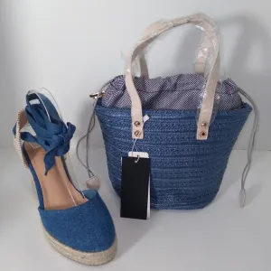 Denim Blue Size 8 Tie Up Espadrille Wedges &amp; Mini Denim Tote Bag Bundle