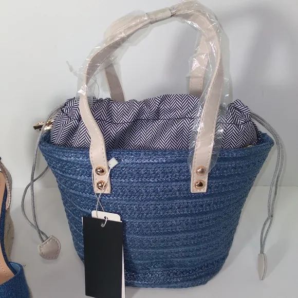 Denim Blue Size 8 Tie Up Espadrille Wedges &amp; Mini Denim Tote Bag Bundle