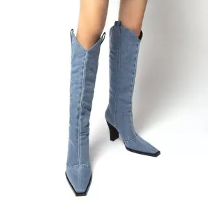 Denim knee high cowgirl jean heeled boots country concert festival sexy 9