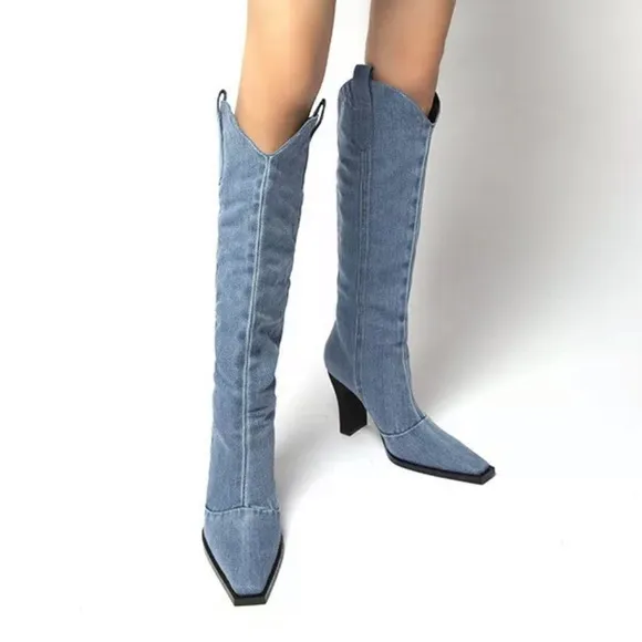 Denim knee high cowgirl jean heeled boots country concert festival sexy 9