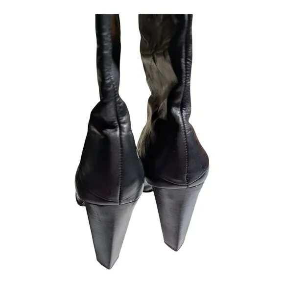 Diane Von Furstenberg Black Leather Knee High Pointed Toe Block Heel Boots 7