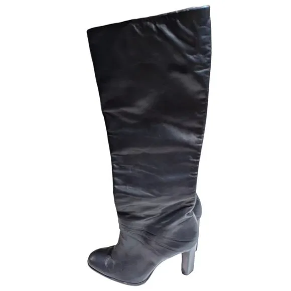 Diane Von Furstenberg Black Leather Knee High Pointed Toe Block Heel Boots 7