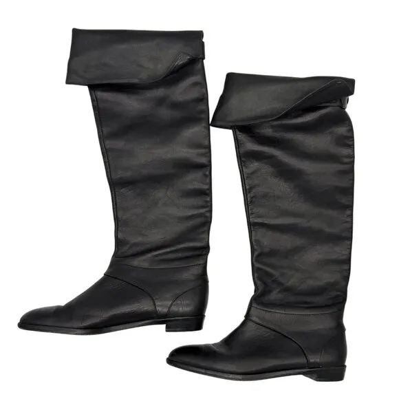 Diane Von Furstenberg DVF Black Leather Flat Riding Knee High Boots - Size 5