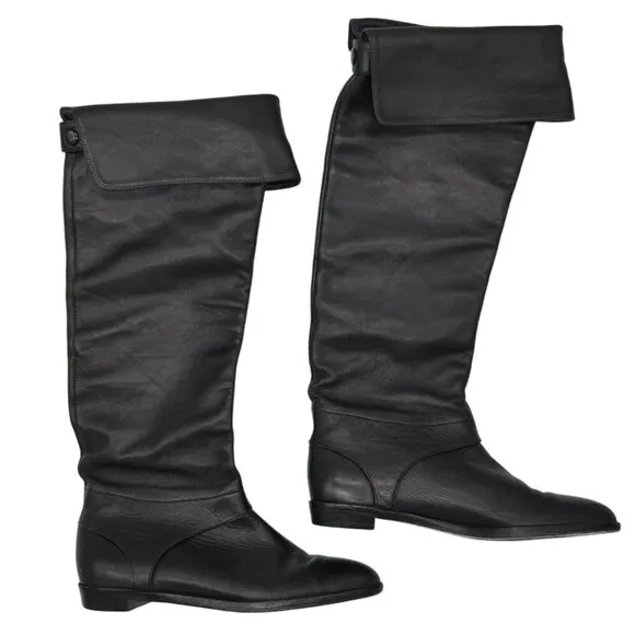 Diane Von Furstenberg DVF Black Leather Flat Riding Knee High Boots - Size 5