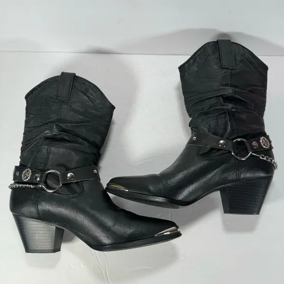 Dingo Olivia Slouch Black Leather Heeled Western Cowboy Boots Women’s Size 8M
