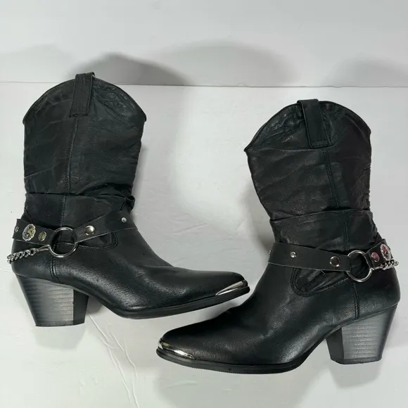 Dingo Olivia Slouch Black Leather Heeled Western Cowboy Boots Women’s Size 8M