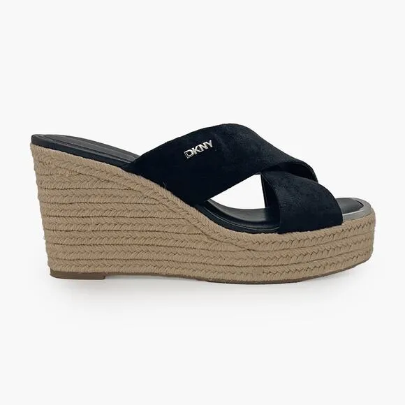 DKNY &quot;Maryn&quot; Crossband Espadrille Platform Wedge Sandals (Black | Size 8.5M)