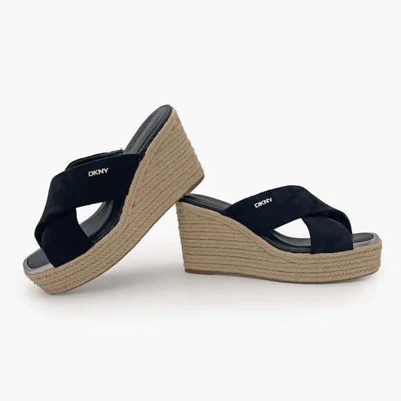 DKNY &quot;Maryn&quot; Crossband Espadrille Platform Wedge Sandals (Black | Size 8.5M)