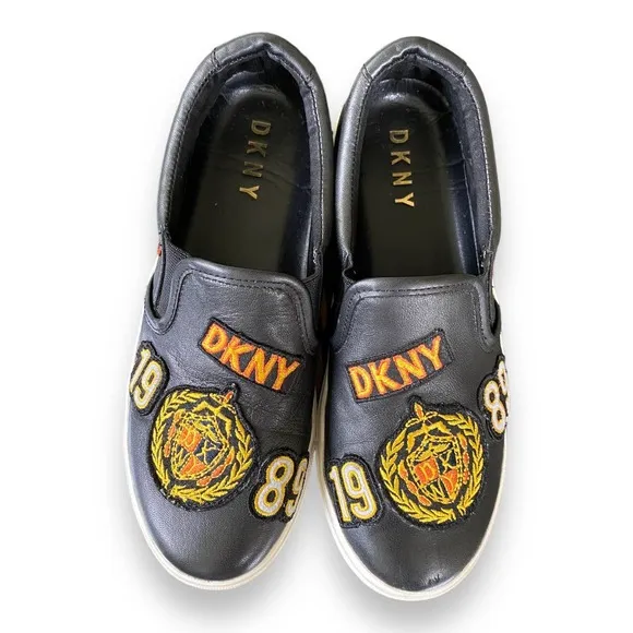 DKNY Baylee Black Leather Patchwork Slip On Sneaker Wm Sz 7