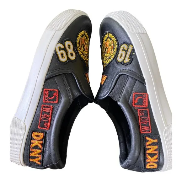 DKNY Baylee Black Leather Patchwork Slip On Sneaker Wm Sz 7