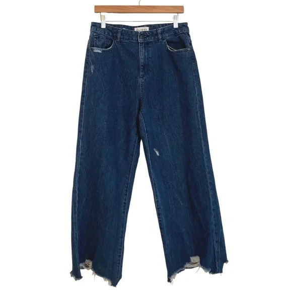 DL1961 Hepburn High Rise Wide Leg Industry Distressed Jeans Blue Dark Wash