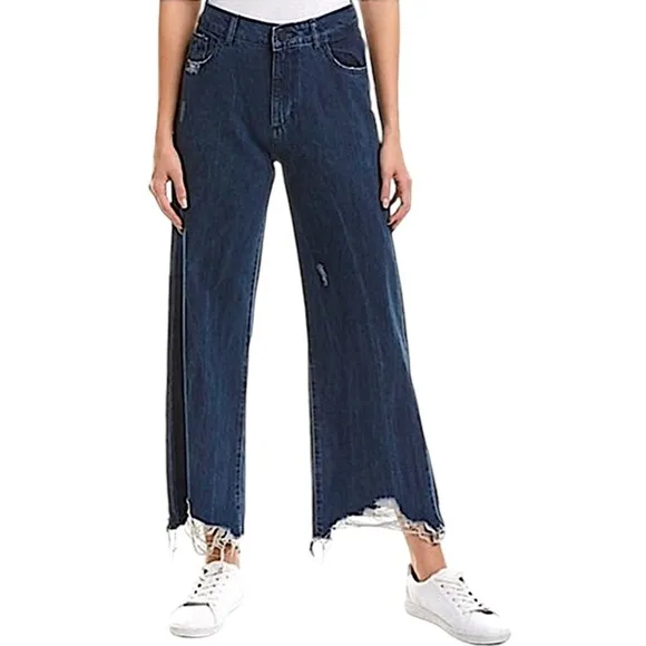 DL1961 Hepburn High Rise Wide Leg Industry Distressed Jeans Blue Dark Wash