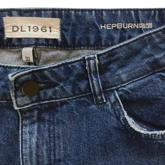 DL1961 Hepburn High Rise Wide Leg Industry Distressed Jeans Blue Dark Wash