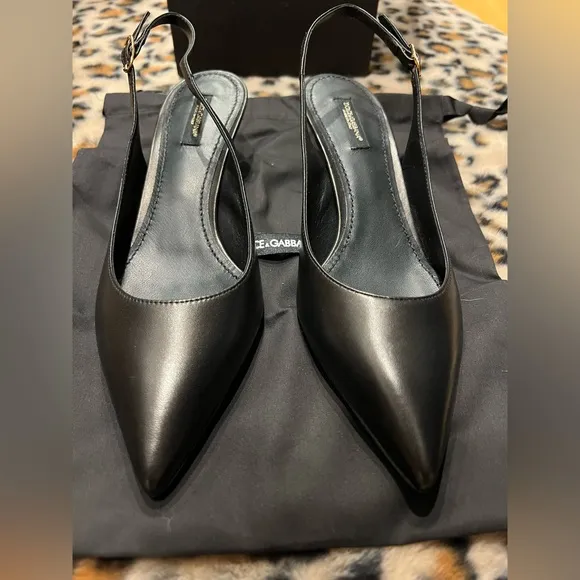 Dolce &amp; Gabbana Black Leather Slingback Kitten Heel Pumps 38/7.5