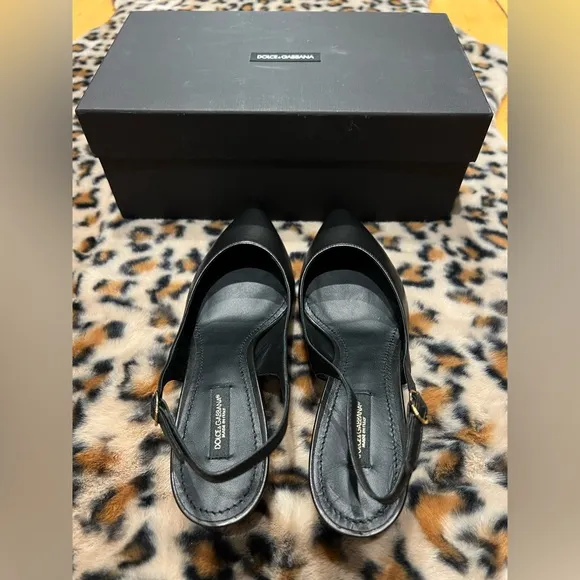 Dolce &amp; Gabbana Black Leather Slingback Kitten Heel Pumps 38/7.5