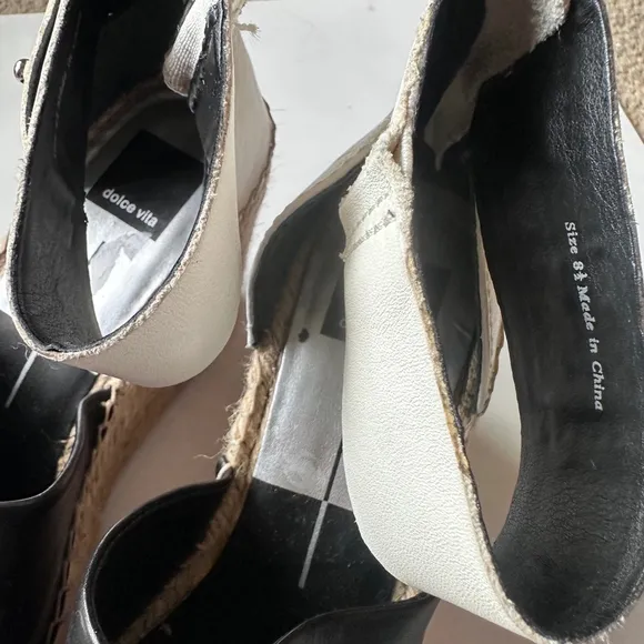 Dolce Vita STRAW WEDGES IN BLACK/WHITE Leather Sandal 8.5