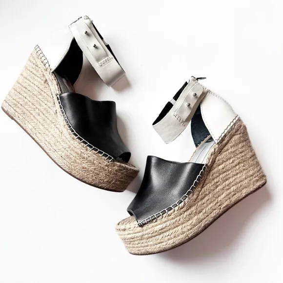 Dolce Vita STRAW WEDGES IN BLACK/WHITE Leather Sandal 8.5