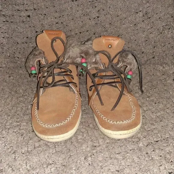 DOLFIE-LOUIS-High Top Moccasins-Caramel Suede-Shearling Lined-Sz 39-Excellent