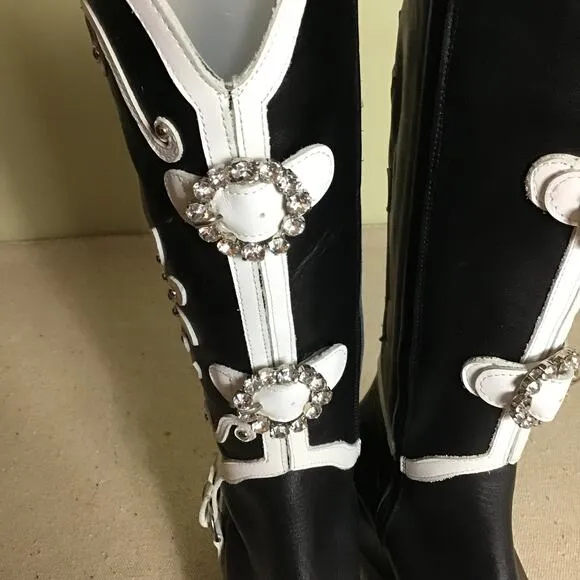 DossoDossi Women Leather Embellish Cowgirl boots Black Stone detail Size 38 NWOT