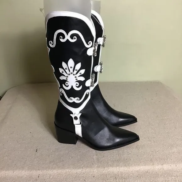 DossoDossi Women Leather Embellish Cowgirl boots Black Stone detail Size 38 NWOT