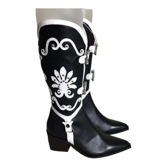 DossoDossi Women Leather Embellish Cowgirl boots Black Stone detail Size 38 NWOT