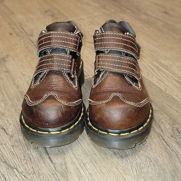 Dr Martens Original Leather Kids Brown 9852 Rare No Tie Classic Stitch Size 12