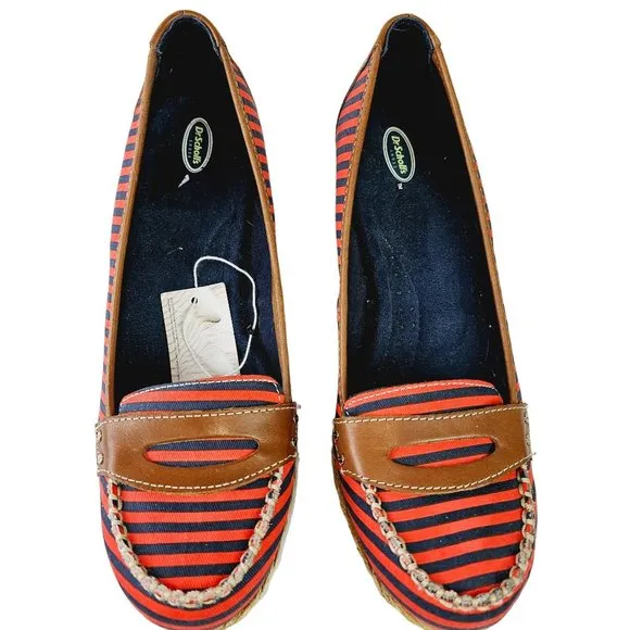 Dr. Scholl's Brilliant Red &amp; Blue Striped Leather Fabric Wedges Shoes 8.5M