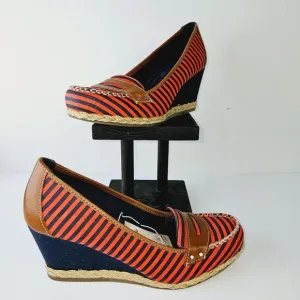 Dr. Scholl's Brilliant Red &amp; Blue Striped Leather Fabric Wedges Shoes 8.5M