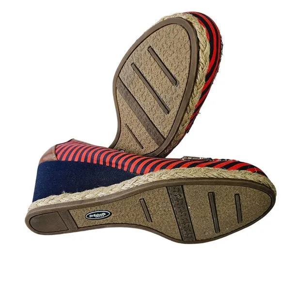 Dr. Scholl's Brilliant Red &amp; Blue Striped Leather Fabric Wedges Shoes 8.5M