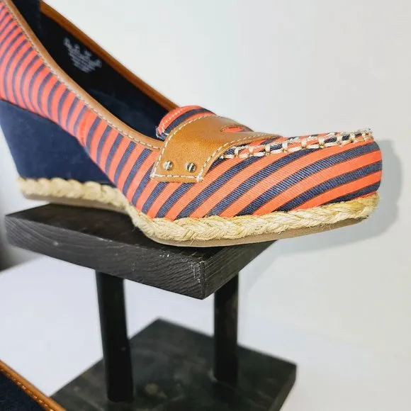 Dr. Scholl's Brilliant Red &amp; Blue Striped Leather Fabric Wedges Shoes 8.5M