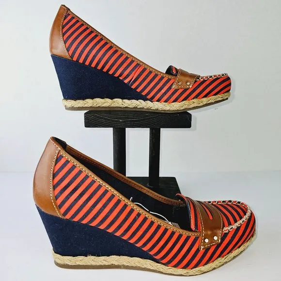 Dr. Scholl's Brilliant Red &amp; Blue Striped Leather Fabric Wedges Shoes 8.5M