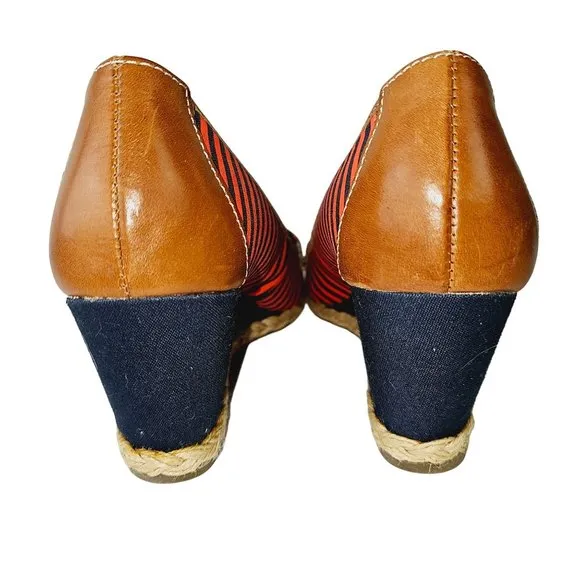 Dr. Scholl's Brilliant Red &amp; Blue Striped Leather Fabric Wedges Shoes 8.5M