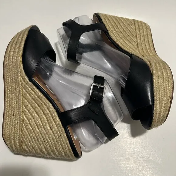 DV Dolce Vita Platform Espadrille Wedges Black Leather Ankle Strap Sandals US 10