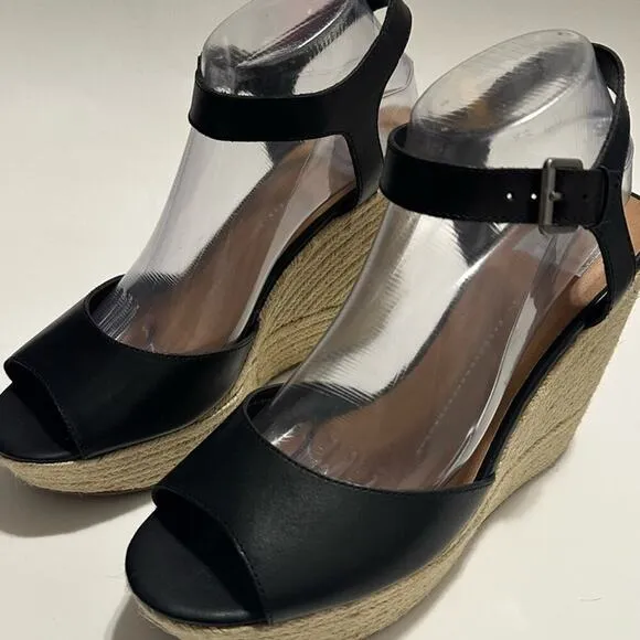 DV Dolce Vita Platform Espadrille Wedges Black Leather Ankle Strap Sandals US 10