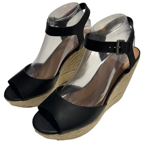 DV Dolce Vita Platform Espadrille Wedges Black Leather Ankle Strap Sandals US 10