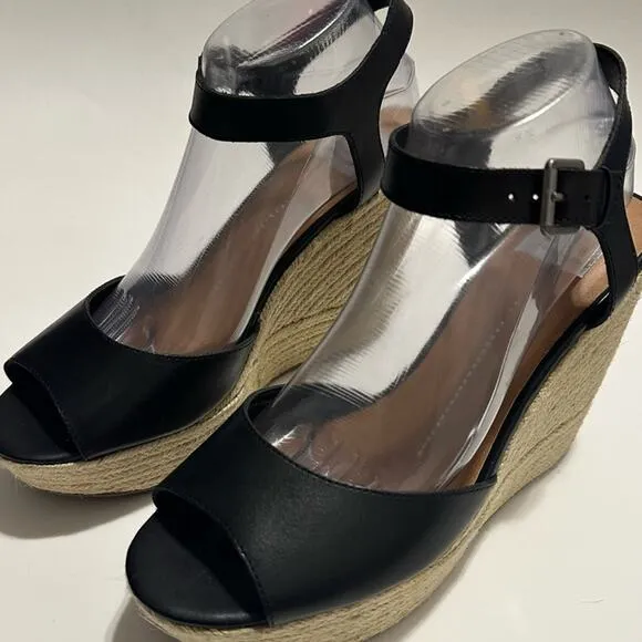 DV Dolce Vita Platform Espadrille Wedges Black Leather Ankle Strap Sandals US 10
