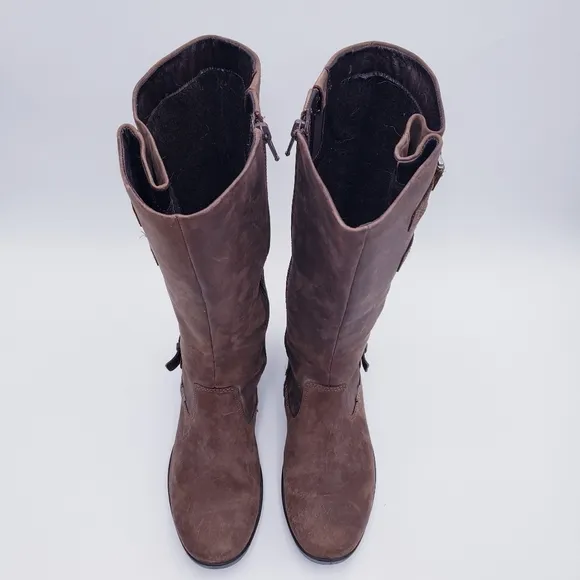 Ecco Brown Leather Mid-Calf Boot Triple Buckle Flat Heel Women's Size 37 US 6.5