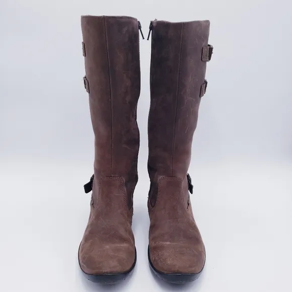 Ecco Brown Leather Mid-Calf Boot Triple Buckle Flat Heel Women's Size 37 US 6.5