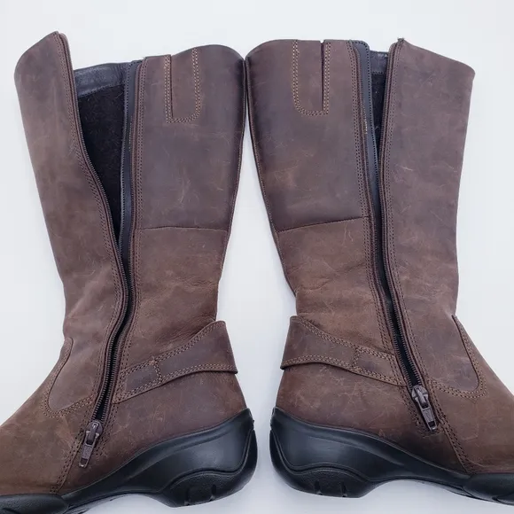 Ecco Brown Leather Mid-Calf Boot Triple Buckle Flat Heel Women's Size 37 US 6.5