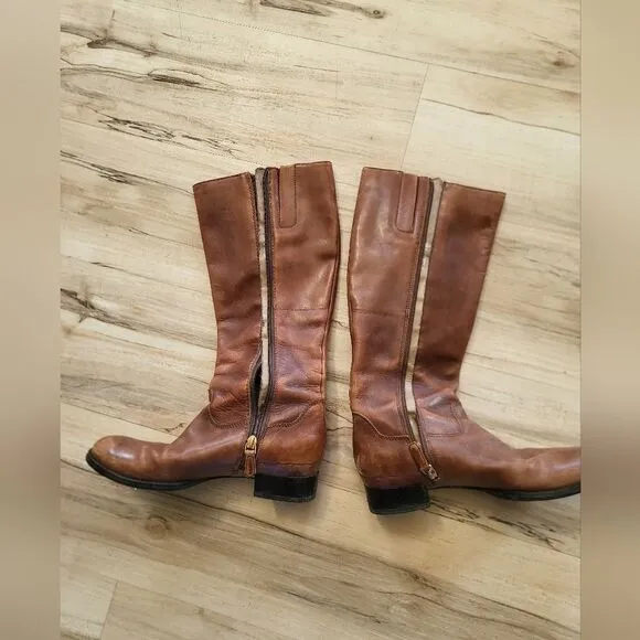 Ecco Brown Tall Flat Low Heel Distressed Side Buckle Zip Boots Sz 38/8 Women