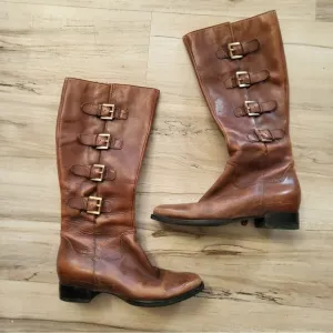 Ecco Brown Tall Flat Low Heel Distressed Side Buckle Zip Boots Sz 38/8 Women
