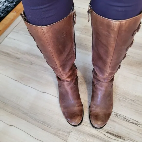 Ecco Brown Tall Flat Low Heel Distressed Side Buckle Zip Boots Sz 38/8 Women