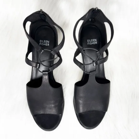Eileen Fisher Black Leather Cutout Peep Toe Zippered Heel Sandals 10