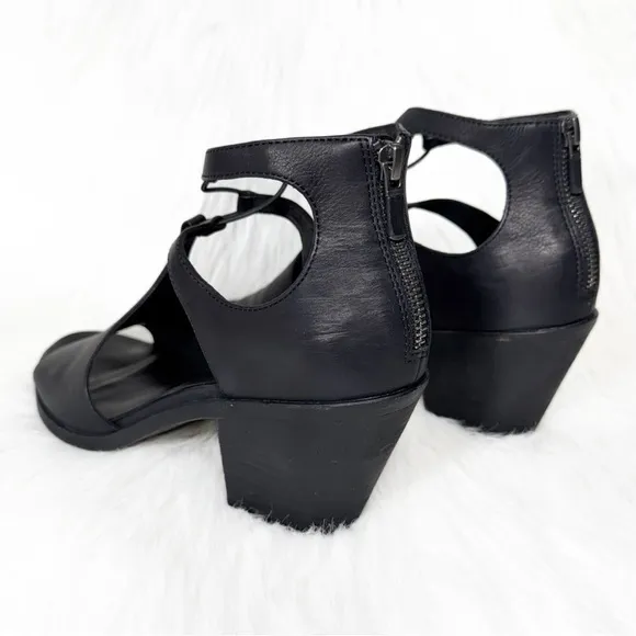 Eileen Fisher Black Leather Cutout Peep Toe Zippered Heel Sandals 10