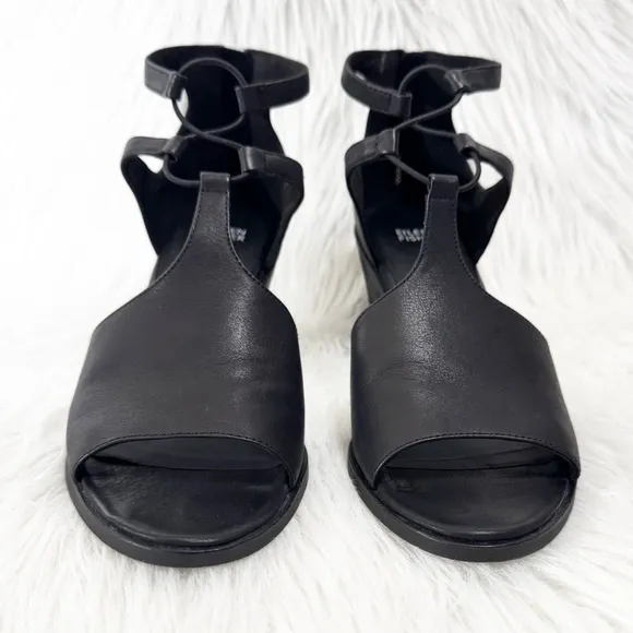 Eileen Fisher Black Leather Cutout Peep Toe Zippered Heel Sandals 10